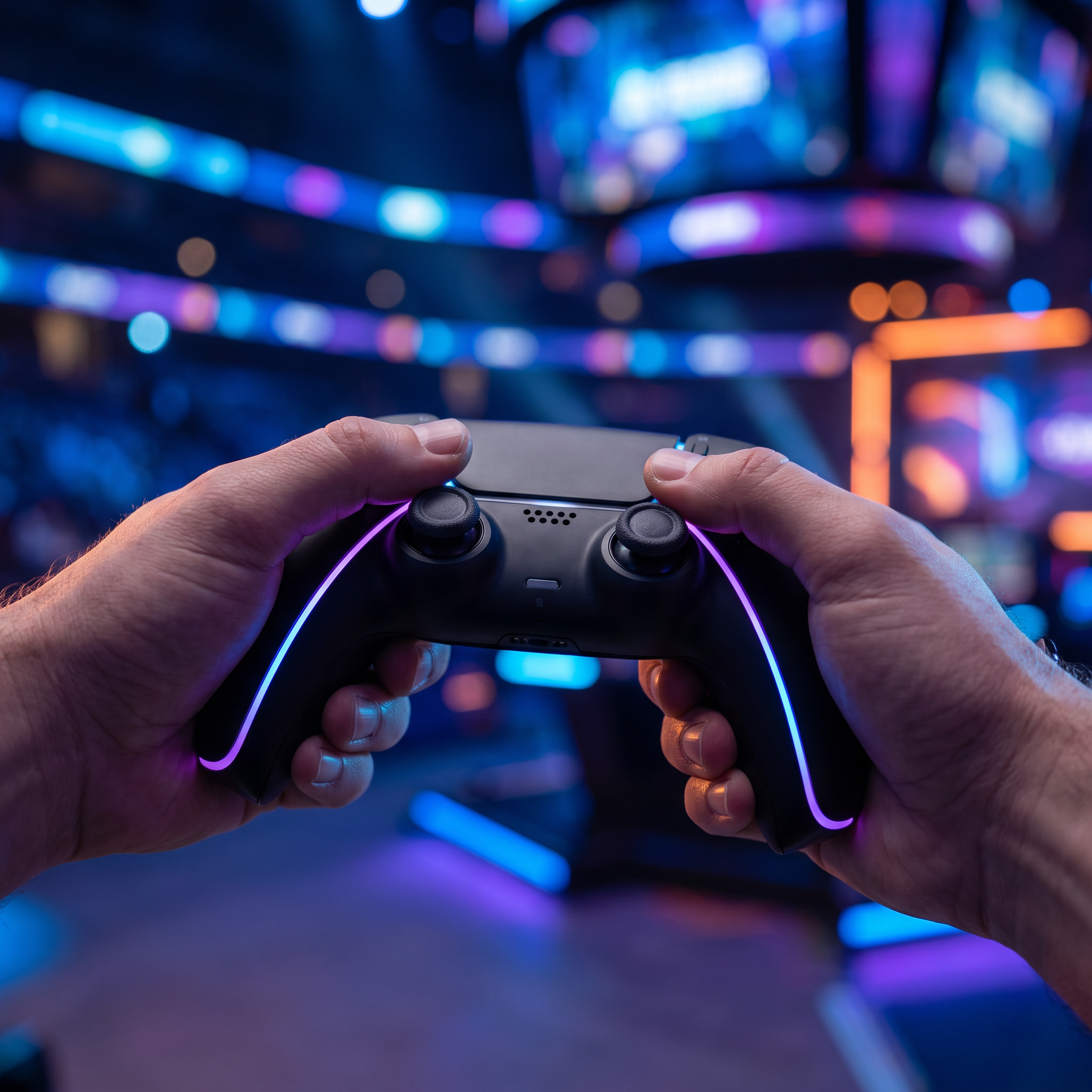 ゲームコントローラーとネオンライトの近未来的イメージ